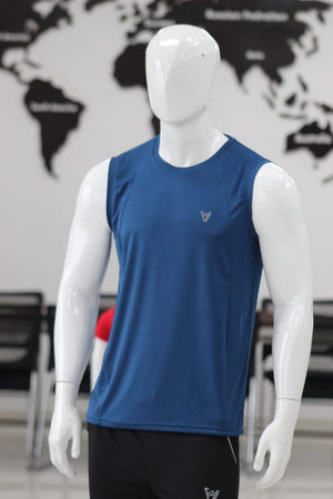 Mannequin wearing a blue sleeveless shirt with a logo in front of a world map.