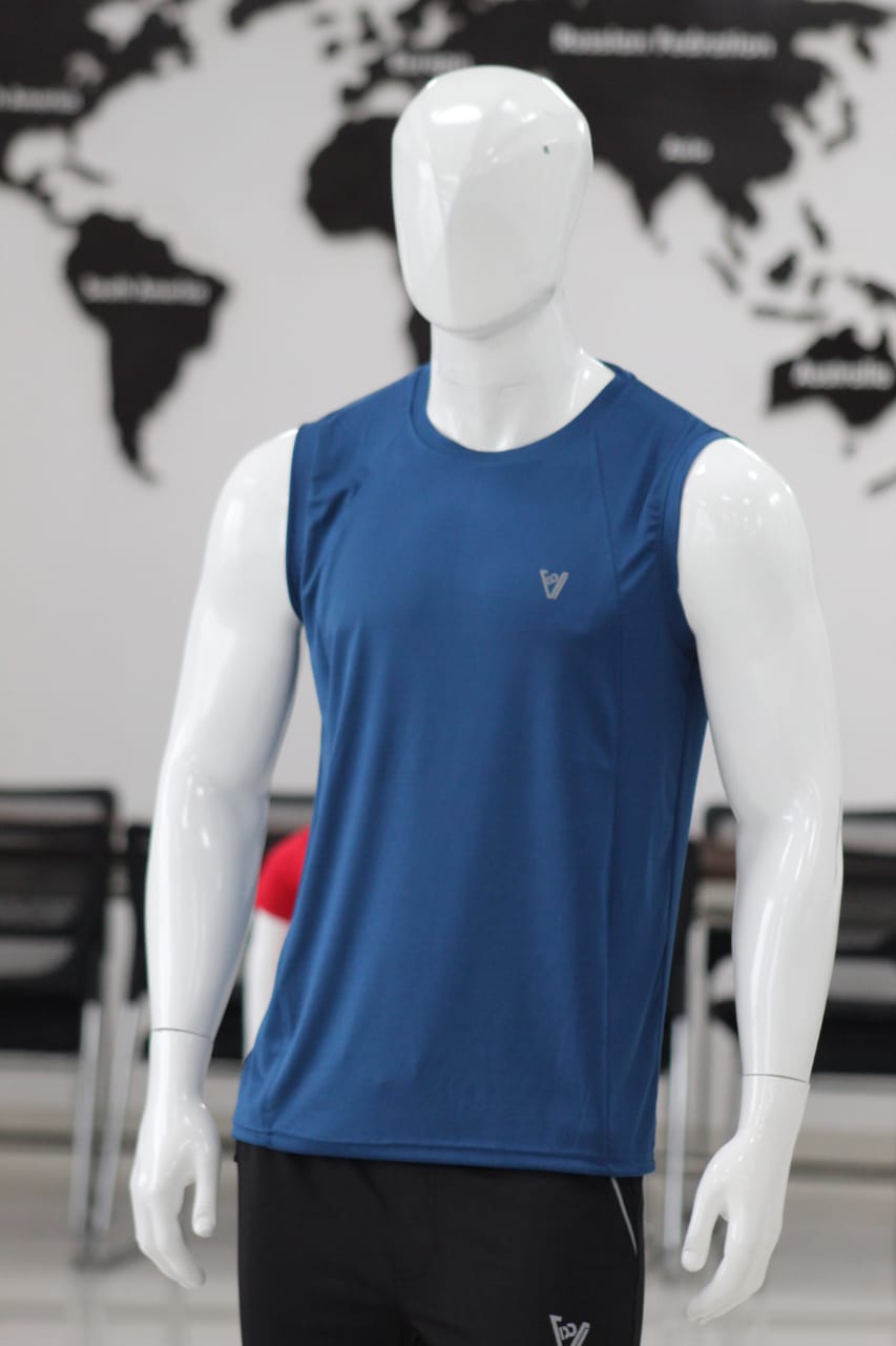 Mannequin wearing a blue sleeveless shirt with a logo in front of a world map.